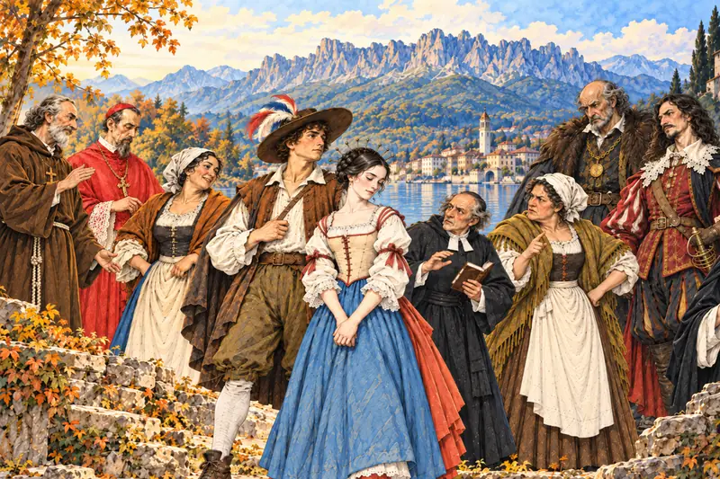 I personaggi dei Promessi sposi: Renzo e Lucia al centro; a sinistra fra Cristoforo, il cardinale Federigo e Agnese; a destra don Abbondio, Perpetua, l’innominato e don Rodrigo; sullo sfondo il lago, il paese e il Resegone